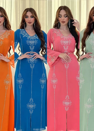 Women's Long Sleeve Polyester Abaya — Diamond Detail V-Neck Dress
