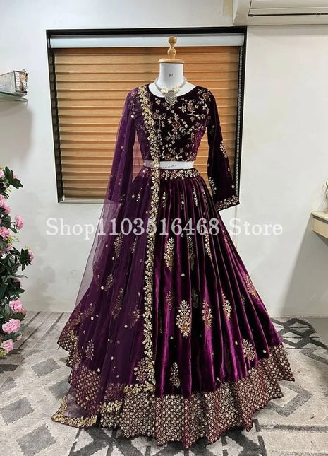 Luxury Indian Saree Evening Gowns Exquisite Purple Women's Two Piece Beaded Applique Customised Bridal Gowns فساتين سهره