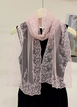 New Lace Beaded Silk Scarf Women's Spring and Autumn Thin Shawl Outer Decorative Scarf Yarn Versatile Tide