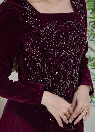 Women Dubai Arab Muslim Velvet Chiffon Splicing Diamond Evening Dress Jalabia Women's Clothing Abaya Robe