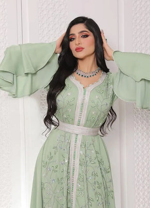 Middle East Hot Diamond Kaftan Robe Dress V-neck High Waist 2025 Autumn And Winter New Fashion High Street Long