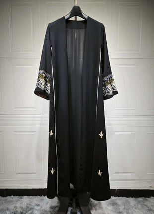 Middle East Style Muslim Kaftan Black Fabric Embroidered Sleeve Design White Line Accents for Gulf Region Modest Fashion Events