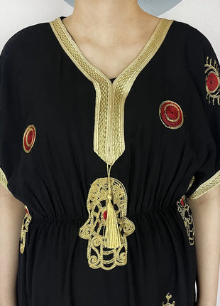 New African Abaya Women Elegant Dress Collect Waist Straight Cotton Embroider Dress Loose Caftan Femme Clothing Islamic Dresses