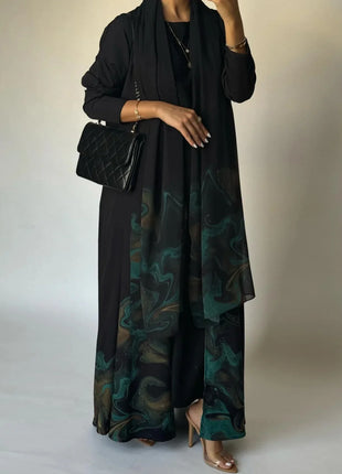 Middle Eastern Loose Open Front Abaya Muslim Women Full Sleeve Printed Abayas Turkey Kaftans Jilbabs Islamic Maxi Dresses