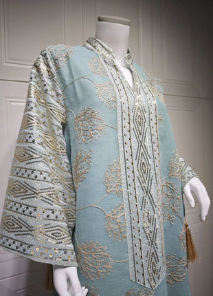 Muslim Women's Light Blue Islamic Embroidered Abaya with Gold Detailing Ideal for Formal Events in Middle East like UAE Saudi