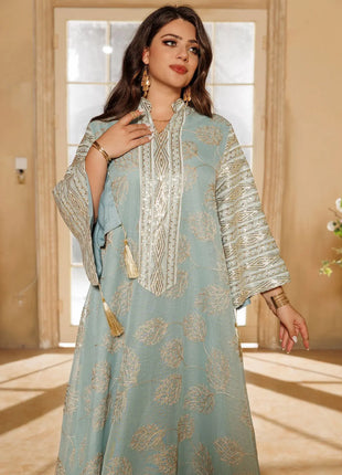 Muslim Women's Light Blue Islamic Embroidered Abaya with Gold Detailing Ideal for Formal Events in Middle East like UAE Saudi