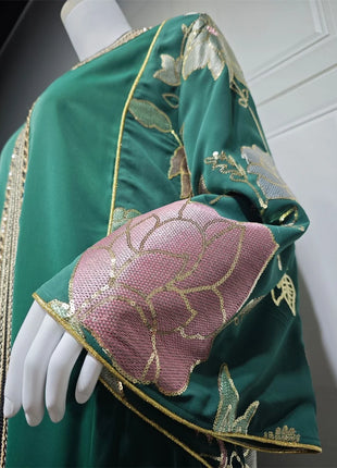 Siskakia Ramadan Muslim Women's Gold Stamping Petal Sleeve Abaya O-Neck Stripe Dubai Dresses For Women Gala