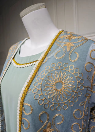 Charming Light Blue Two Piece Abaya Set Gold Patterned Outer Robe Belted Mint Inner Dress for Islamic Ramadan in the MIddle East