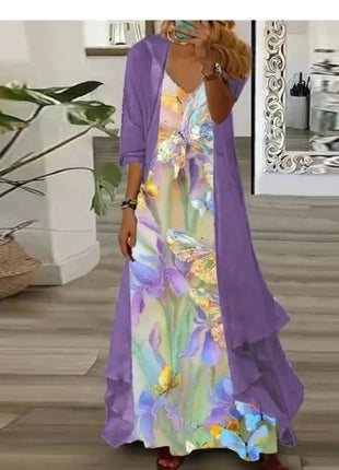 Independent Stand Floral Print Women's Dress Two-Piece Set Short Sleeve Ankle-Length Polyester Fiber Regular Waist Line