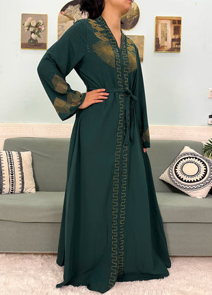 Muslim Chiffon Abayas For Women 2024 Dubai Islam Loose Fit  Femme Robe Long Sleeved Diamond Studded Solid Color With Belt Turban