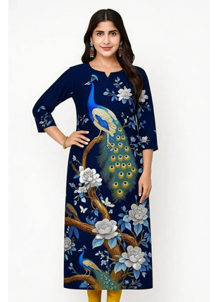 Muslim Peacock Women Kurt Casual Dress Long Sleeve Straight Casual Ethnic Flower Mandarin 3D Design Suitable Ladies Abaya Muslim