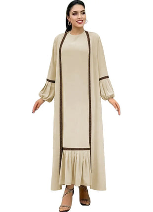 Muslim Women Hijab Dress 2 Piece Set Eid Lantern Sleeve Maxi Long Dress Islamic Clothing Caftan Kimono Big Swing Abaya Dresses