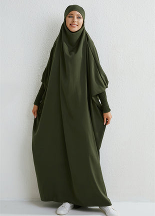 Muslim Abaya Hooded Smocking Sleeve One-piece Prayer Dress Women Jilbab Islamic Clothing Dubai Saudi Black Robe Turkish Modesty