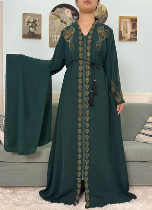 Muslim Open Abayas For Women 2024 Pure Chiffon Zipper Diamonds Loose Femme Robe Islam Dubai Boubou Moroccan Caftan With Turban