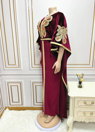 Ramadan Luxury Muslim Fashion Bat Sleeve Moroccan Turkiye Dubai Dress Middle East Arab Dress Sequins Golden Velvet Long Dress