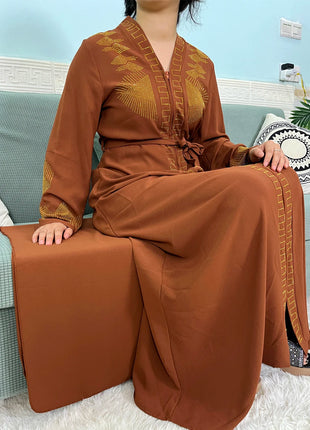 Muslim Chiffon Abayas For Women 2024 Dubai Islam Loose Fit  Femme Robe Long Sleeved Diamond Studded Solid Color With Belt Turban