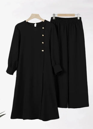 Ramadan Women Eid Muslim Two Pieces Set Split Blouse & Pant Musulman Ensemble Button Shirt Pants Matching Sets Femme Abaya 2024
