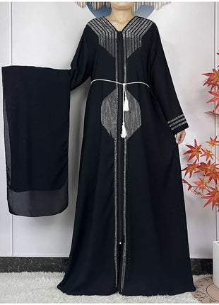 2024 Muslim Abaya For Women Long Sleeved Chiffon Diamonds Loose Fit Femme Robe Islam Maxi Dubai Fashion Party Dresses With Scarf