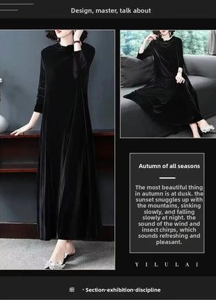 Elegant Long Sleeve Velvet Dress Autumn Spring New Style Puffy Collar Slimming Tummy Covering Mid-Length Gown Princess Sleeve