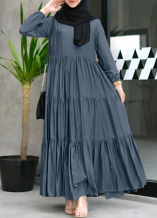 ZANZEA Muslim Fashion Tiered Long Dresses Women Islamic Hijab Style Casual Long Sleeve O Neck Maxi Vestidos Solid Abaya Robes