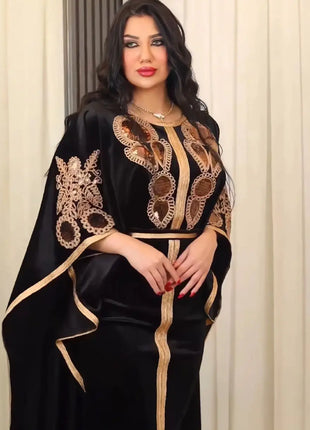 Ramadan Luxury Muslim Fashion Bat Sleeve Moroccan Turkiye Dubai Dress Middle East Arab Dress Sequins Golden Velvet Long Dress