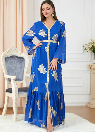 Ramadan Luxury Muslim Fashion Bat Sleeve Moroccan Turkiye Dubai Dress Middle East Arab Dress Sequins Golden Velvet Long Dress