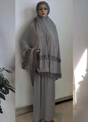 Ramadan  Long Khimar Muslim Abaya Women Prayer Garment Saudi Prayer Dress Lace Trim Silky 2 Piece Skirt Sets Eid Niqab jilbab