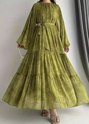 Eid Muslim Abaya Dress for Women Print Chiffon Sashes Jalabiya Kaftan Islam Vestidos Largo Arab Long Robe Ramadan Morocco Abayas