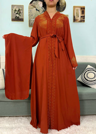 Muslim Chiffon Abayas For Women 2024 Dubai Islam Loose Fit  Femme Robe Long Sleeved Diamond Studded Solid Color With Belt Turban