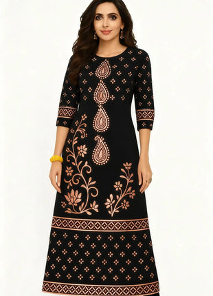Muslim Dress Kurt Women's Fashionable And Elegant Long Sleeved Straight Tube Casual Round Neck Pattern Robe Traditionnelle Arabe
