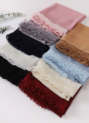 Muslim Lace Chiffon Scarf Hijabs for Women Luxury Ramadan Headscarf Shawl Solid Full Cover Headband Female Jersey Head Wraps