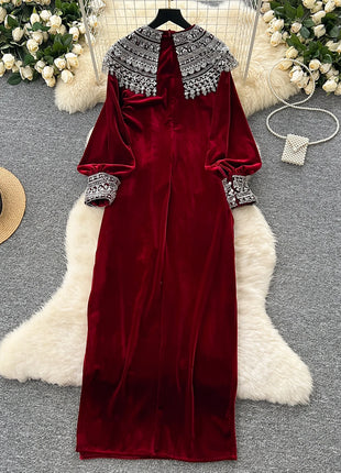 Chic vintage velour long sleeve slim Elegant Fairy korean fashion Boho Sundress women clothing