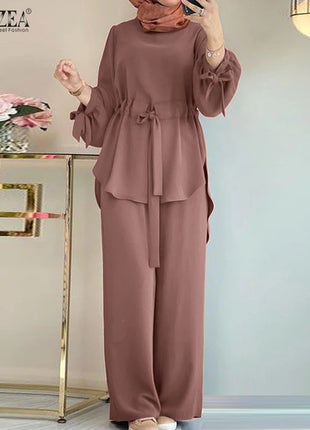 ZANZEA Muslim Women Matching Sets Long Sleeve Solid Color Tops And Loose Pant Suits Elegant Fashion Casual Tracksuit Kaftan 2025