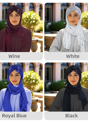 2025 Muslim Women Instant Scarf Sequin Hijab Turban Pull On Headscarf Ramadan Islam Pray Hijabs Niqab Nikab Pull On Head Wrap