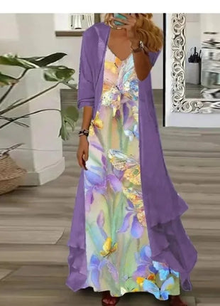 Independent Stand Floral Print Women's Dress Two-Piece Set Short Sleeve Ankle-Length Polyester Fiber Regular Waist Line