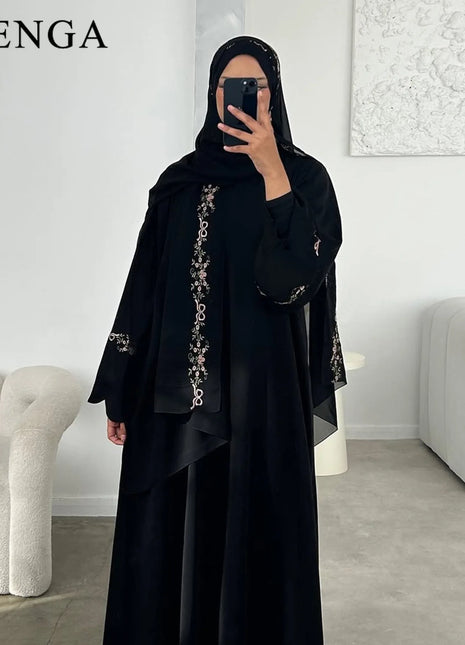 Luxurious Floral Embroidery Hijab Dress for Muslim Women Elegant Dubai Modest Abaya Eid Islam Party Jalabiya Turkey Kaftan Robe