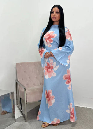 Arabesque Bell Sleeve Flowy Maxi Abaya Dress Elegant Floral Print Muslim Modest Long Dress Islamic Vacation Outfit Summer Robe