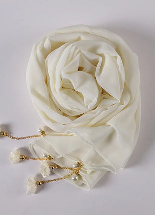 Fashion Flowers Pearl Tassel Chiffon Long Scarf Hijabs Elegant Womens Party Turban Headwear Solid Color Headscarf Shawls Scarves