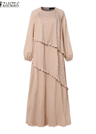 ZANZEA Patchwork Lantern Sleeve Abaya Robes Women Plisse Layered Elegant Maxi Dress Muslim Fashion Islamic Hijab Pleated Dress