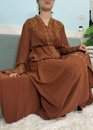 Muslim Open Abayas For Women 2024 Pure Chiffon Zipper Diamonds Loose Femme Robe Islam Dubai Boubou Moroccan Caftan With Turban