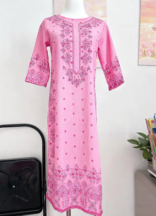 Muslim Women Kurt Casual Dress Slit hem Straight Casual Ethnic Turkish Abaya Mandarin Flowers Regular Size 3D Design Suitable