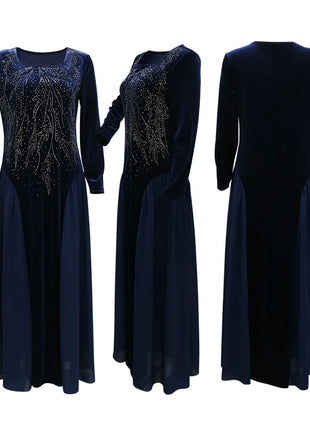 Women Dubai Arab Muslim Velvet Chiffon Splicing Diamond Evening Dress Jalabia Women's Clothing Abaya Robe