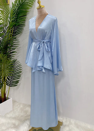 Ramadan Satin Abaya Dubai Turkey Islam Muslim Modest Dress Sets Prayer Clothes For Women Kaftan Robe Femme Musulmane