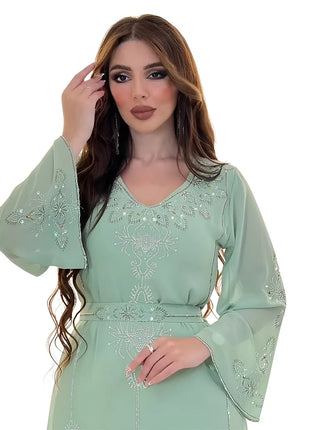 Women's Long Sleeve Polyester Abaya — Diamond Detail V-Neck Dress