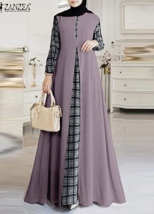 ZANZEA Women Patchwork Muslim Dress Fashion Abaya Robe Femme IsIamic Vestidos Kaftan Spring Long Sleeve Plaid Checked Sundress
