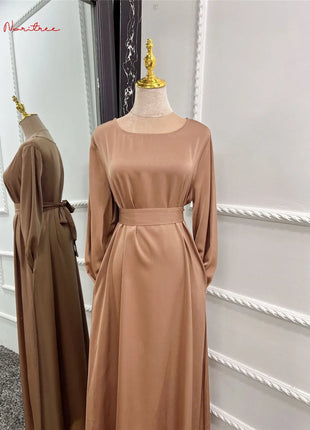 Fashion Sliky Djellaba Muslim Dress Dubai Full Length Flare Sleeved Soft Abaya Dubai Turkey Muslim Islam Robe WY921