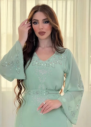 Women's Long Sleeve Polyester Abaya — Diamond Detail V-Neck Dress