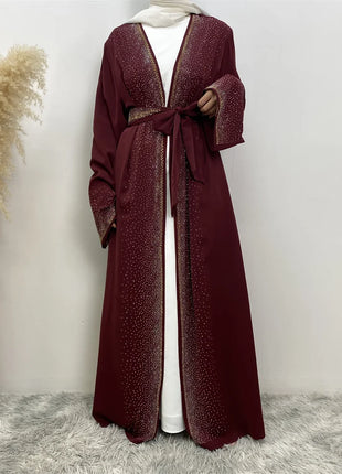 Hot Selling Ramadan Rhinestone Cardigan Islamic Dresses With Pockets Kebaya Muslim Kimono Abaya Dubai Modest Clothing Women EID