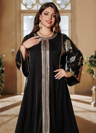 Ramadan Muslim Women's Gold Stamping Petal Sleeve Abaya O-Neck Stripe Dubai Dresses For Women Gala