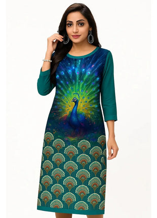 Muslim Dress Kurt Women's Fashionable Elegant Straight Tube Casual Peacock Color Elephant Pattern Abaya Femme Dubaï Slit hem